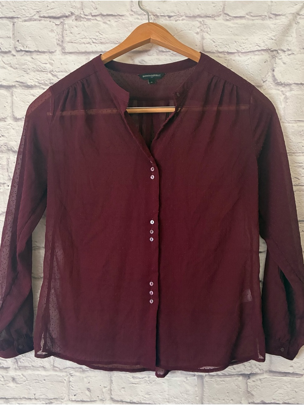 Banana Republic Women's Sheer Burgundy Button-Front Blouse - Medium
